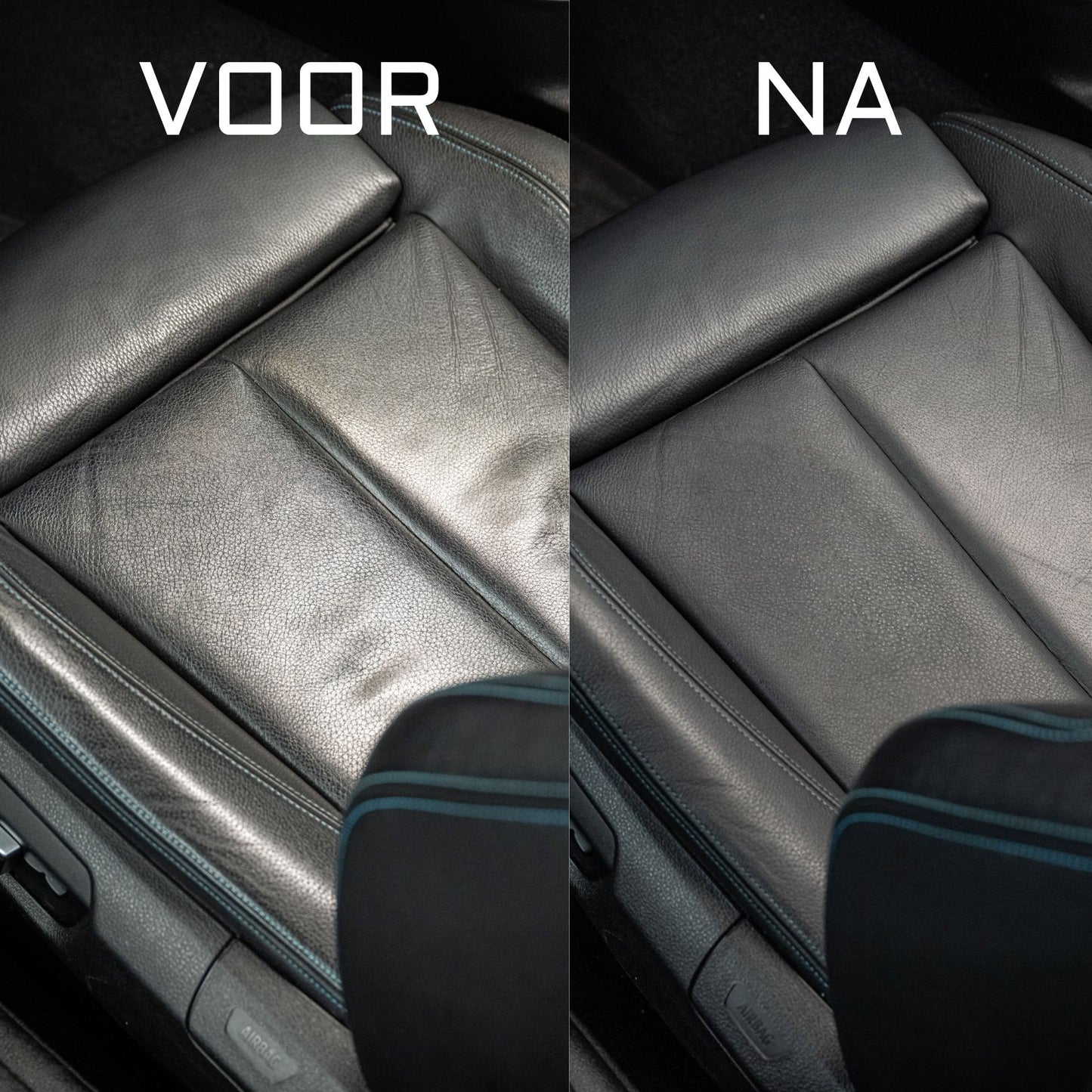 Side-by-side comparison of a car seat labeled VOOR and NA. The left shows worn, creased leather, while the right appears clean and smooth after lederen autobekleding reinigen with Leather Matt Clean for a matte finish.