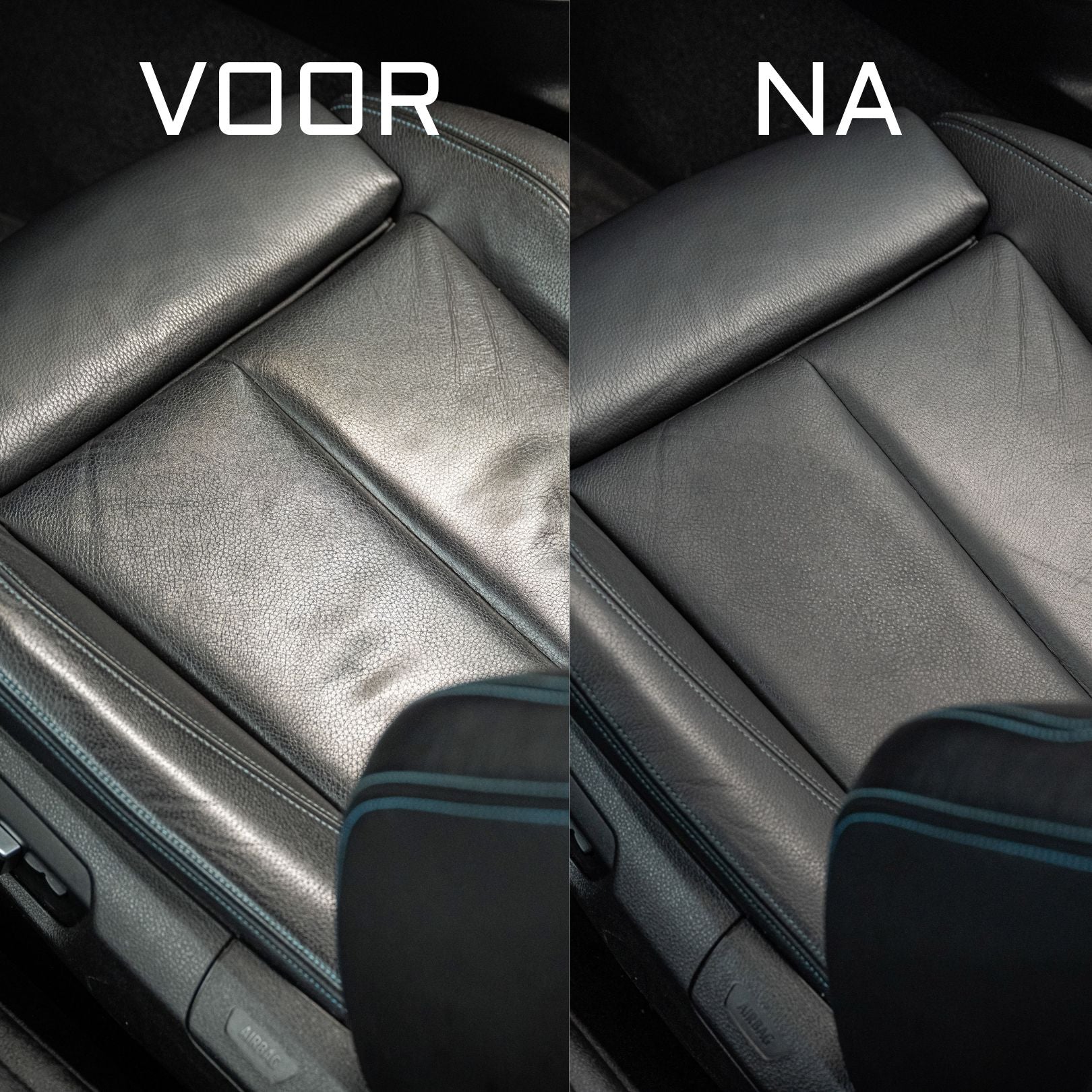 Side-by-side comparison of a car seat labeled VOOR and NA. The left shows worn, creased leather, while the right appears clean and smooth after lederen autobekleding reinigen with Leather Matt Clean for a matte finish.