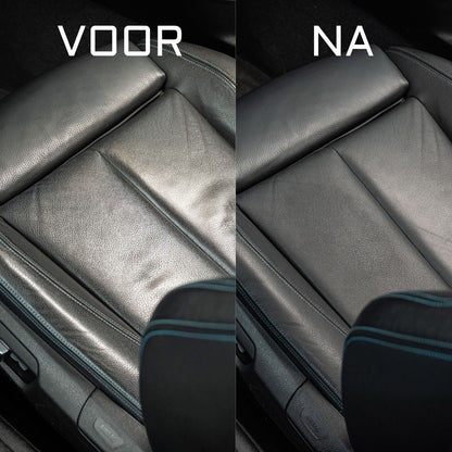 Side-by-side comparison of a car seat labeled VOOR and NA. The left shows worn, creased leather, while the right appears clean and smooth after lederen autobekleding reinigen with Leather Matt Clean for a matte finish.