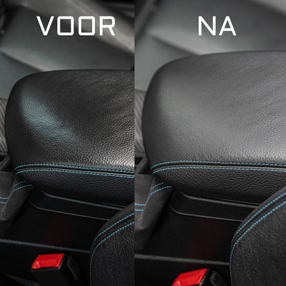 Side-by-side comparison of a car armrest labeled “VOOR” (before) and “NA” (after), showing improved leather texture, blue stitching, and a matte finish in the “NA” image after using Leather Matt Clean.
