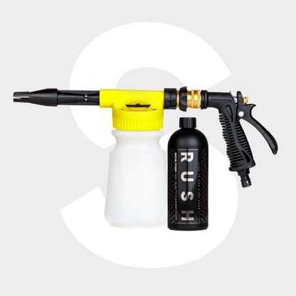 The Foam Spray Gun Package features a yellow and black foam spray gun with a white soap container, ideal for auto voorwas, shown beside a black RUSH bottle on a light gray background.