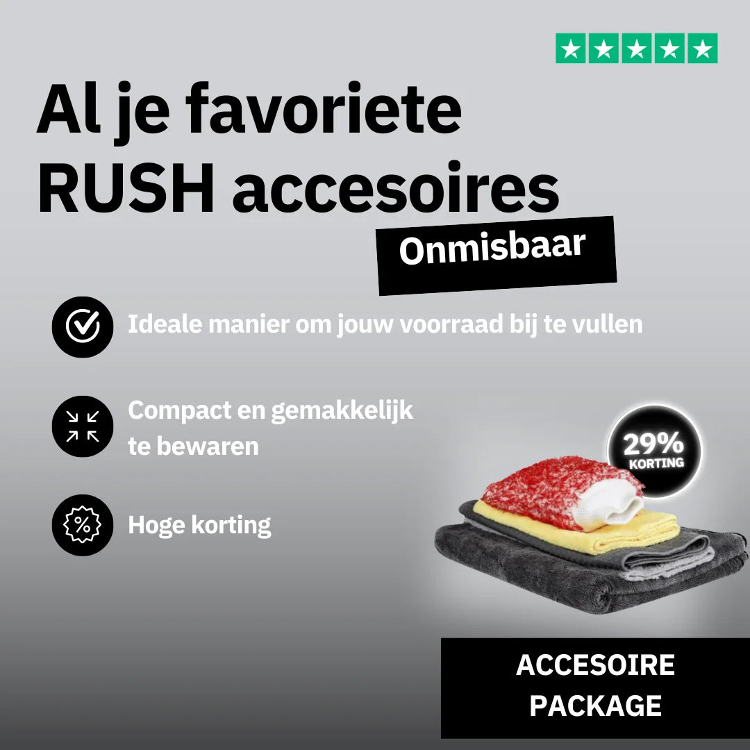 Een gevouwen grijze Drooghanddoek 600 GSM, gele handdoek en rode washand getoond als een auto accessoires pakket met kortingspictogrammen en Nederlandse tekst.