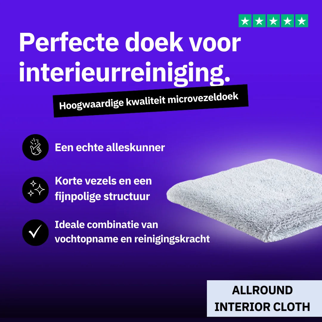 A RUSH Allround Interior Cloth microvezeldoek voor auto interieur reinigen ligt op een paarse achtergrond met Nederlandse tekst over zijn kwaliteiten.
