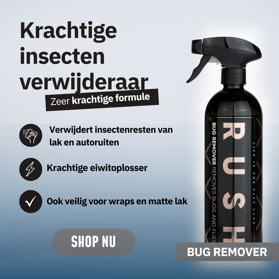 Sprayflacon met het label Rush Bug Remover, een krachtige insectenverwijderaar voor auto reinigen en effectief verwijderen van insectenresten.