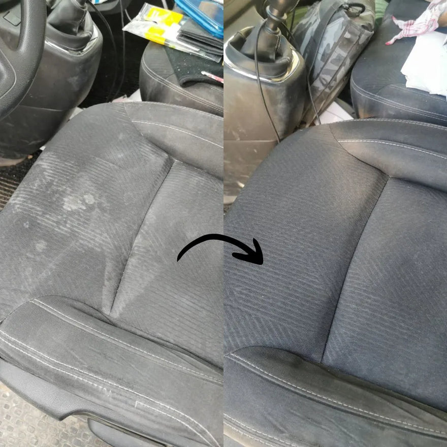 Gesplitste afbeelding van autostoel: links met vlekken, rechts brandschoon na interieur reiniger auto-perfect voor vlekken verwijderen auto.