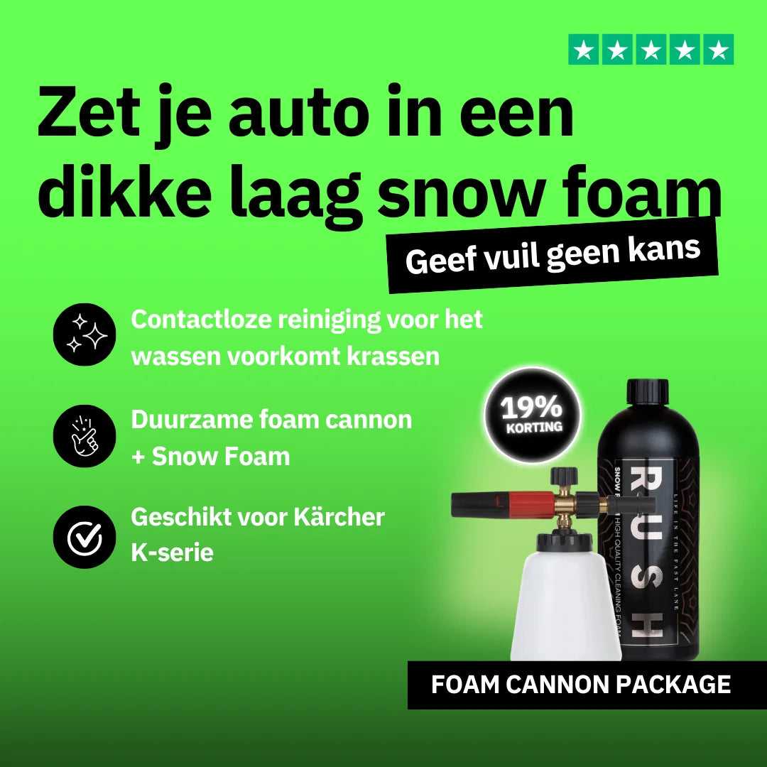 Promotional graphic for the Foam Cannon Package: contactless auto pre-wash, scratch prevention, RUSH Foam Cannon & Kärcher compatible, now 19% off. Black and green design shows bottle and foam cannon.