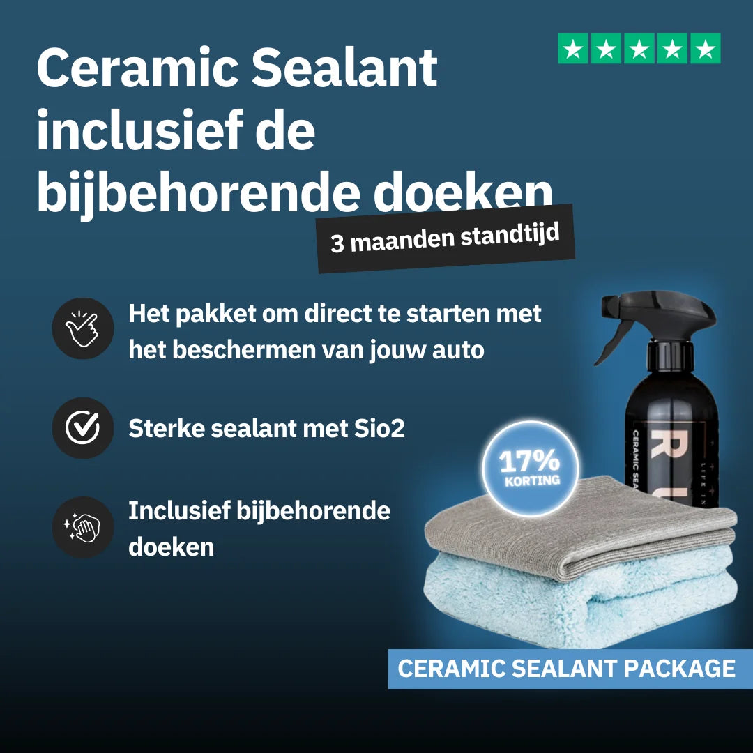 Promotional image for the Ceramic Sealant Package, showing a SiO2 spray bottle, two gray and blue towels, plus Dutch text mentioning 3 maanden autolak bescherming and 17% korting.