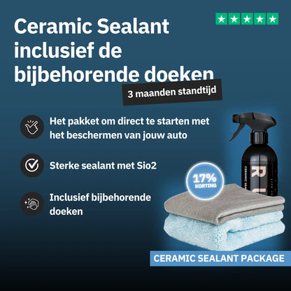 Promotional image for the Ceramic Sealant Package, showing a SiO2 spray bottle, two gray and blue towels, plus Dutch text mentioning 3 maanden autolak bescherming and 17% korting.