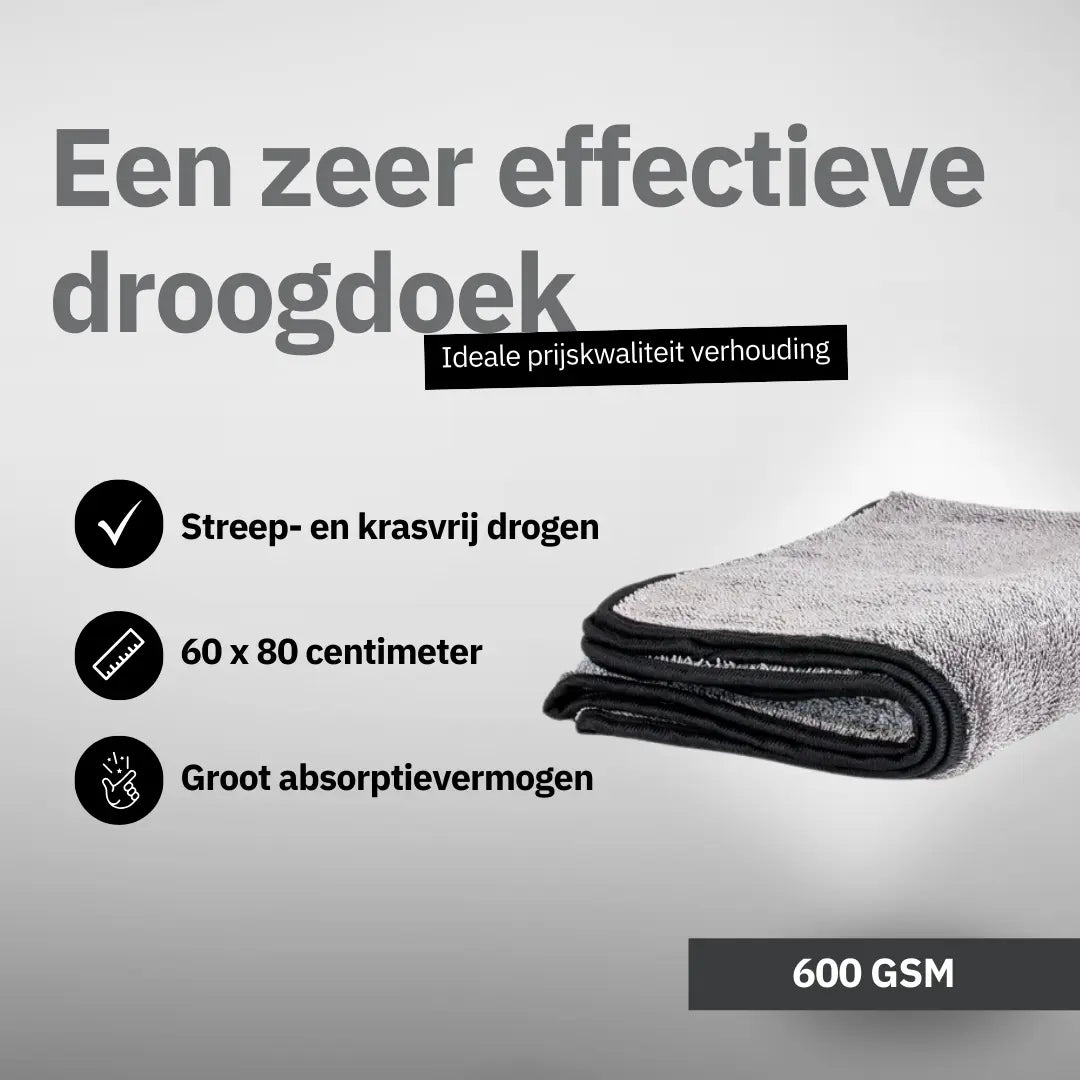 Een gevouwen grijs en zwart microvezel droogdoek wordt getoond met kenmerken in het Nederlands, zoals grootte, absorptievermogen en streeploos drogen.