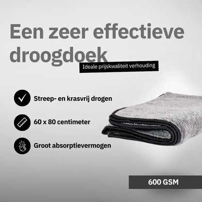 Een gevouwen grijs en zwart microvezel droogdoek wordt getoond met kenmerken in het Nederlands, zoals grootte, absorptievermogen en streeploos drogen.