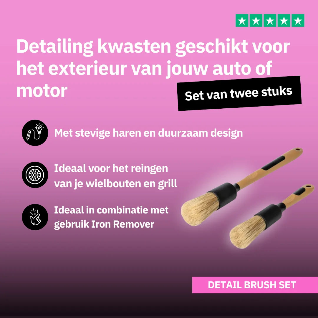 The Detail Brush Set, met zachte zwijnenharen en zwarte handgrepen, is duurzaam en perfect voor het schoonmaken van je auto. Geschikt voor gebruik met Iron Remover. Twee borstels worden getoond op een paarse achtergrond.