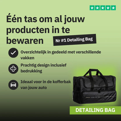 Ruime opbergtas: de RUSH Detailing Bag voor makkelijk schoonmaakproducten opbergen, getoond met Nederlandse tekst en groene achtergrond.