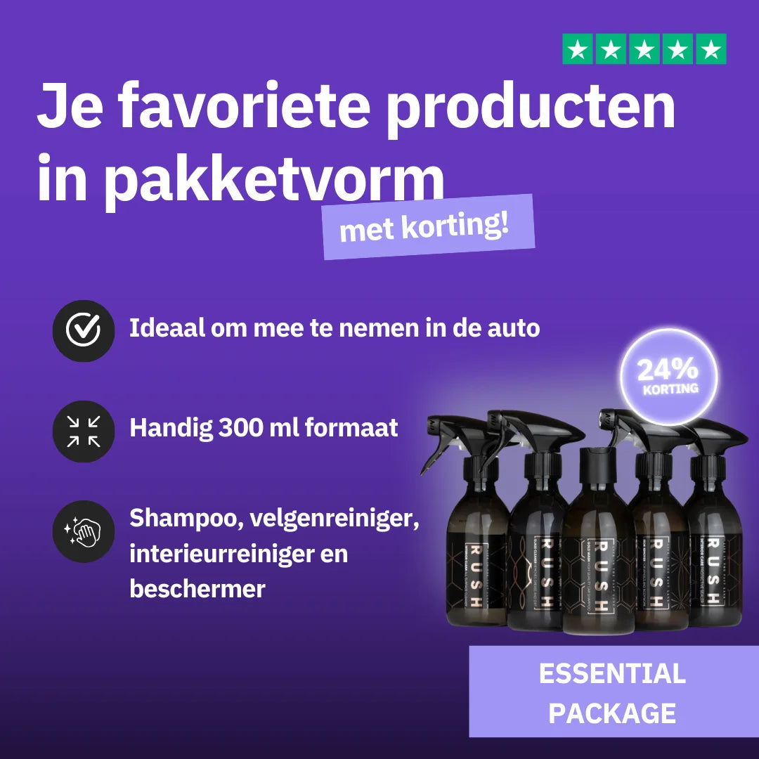 Vier flessen autoshampoo en velgenreiniger worden weergegeven op een paarse achtergrond met Nederlandse tekst en een korting van 24.