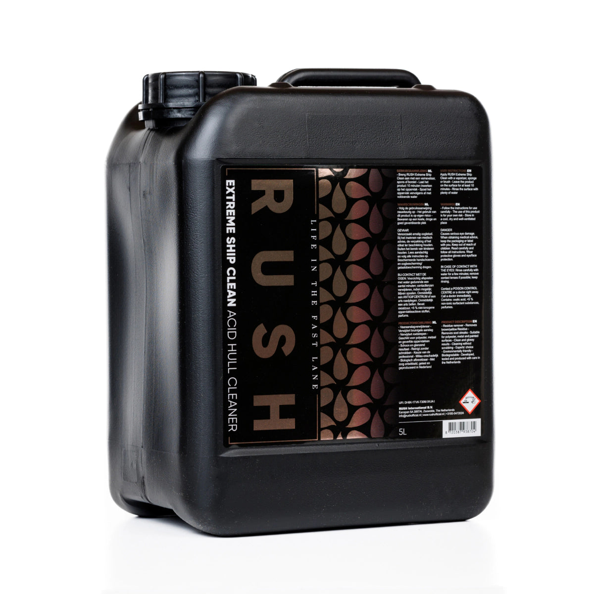 Een zwarte 5-liter verpakking met de naam Rush Extreme, perfect voor bruine vaaraanslag verwijderen en laars reinigen, met tekst en afbeeldingen op de voorkant.