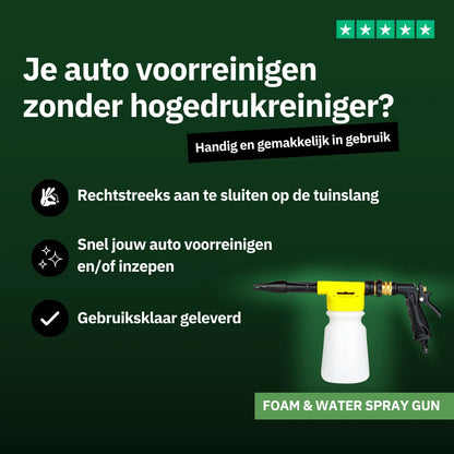 De Foam & Water Spray Gun is het ideale schuimpistool voor je auto: eenvoudig aan te sluiten op een tuinslang, zonder hogedrukreiniger. Auto schoonmaken was nog nooit zo makkelijk!.