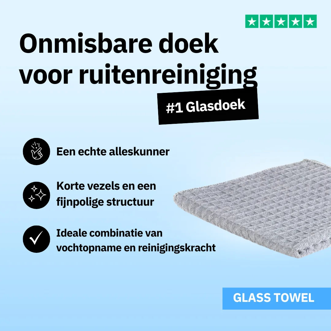 Een grijs microvezeldoek met textuur wordt getoond op een blauwe achtergrond met Nederlandse tekst die de functies voor het reinigen van glazen oppervlakken benadrukt.