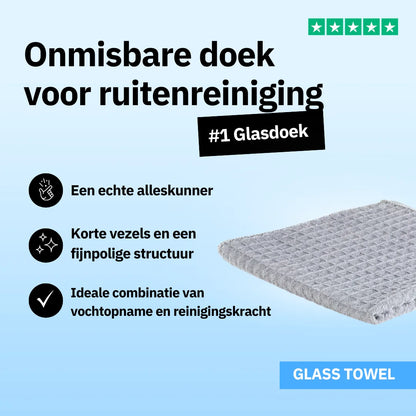 Een grijs microvezeldoek met textuur wordt getoond op een blauwe achtergrond met Nederlandse tekst die de functies voor het reinigen van glazen oppervlakken benadrukt.