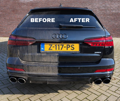 Een zwarte Audi-auto met een split die VOOR aan de vuile kant te zien is en NA, eikel gerestaureerd met autoshampoo en autowassen, aan de schone kant.