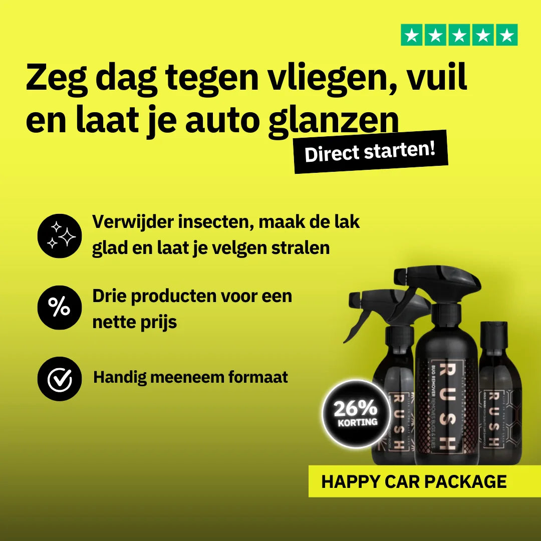 Gele reclame voor een autoreinigingsset met RUSH Bug Remover en Spray Wax, met nadruk op het verwijderen van insecten en het compacte formaat.