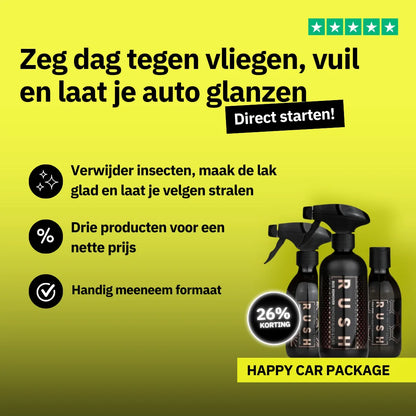 Gele reclame voor een autoreinigingsset met RUSH Bug Remover en Spray Wax, met nadruk op het verwijderen van insecten en het compacte formaat.