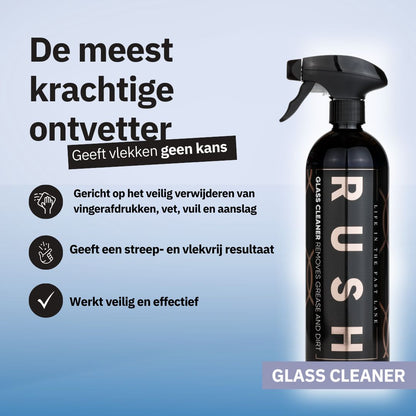 Een fles RUSH glasreiniger spray wordt getoond met Nederlandse tekst die de krachtige, streepvrije en veilige eigenschappen van glasreiniger beschrijft.