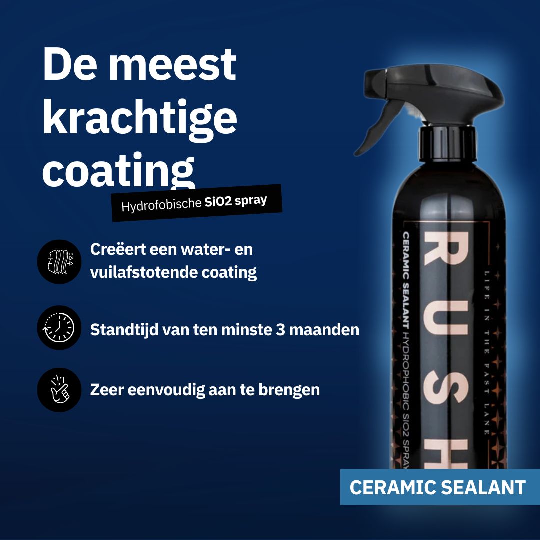 A black spray bottle labeled Ceramic Sealant is displayed on a blue background with Dutch text highlighting auto glans, keramische lakbescherming, hydrofobe vuilafstotende coating, 3 maanden duurzaamheid en eenvoudige toepassing.