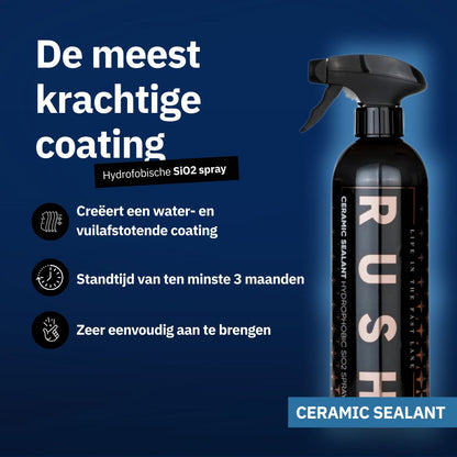 A black spray bottle labeled Ceramic Sealant is displayed on a blue background with Dutch text highlighting auto glans, keramische lakbescherming, hydrofobe vuilafstotende coating, 3 maanden duurzaamheid en eenvoudige toepassing.