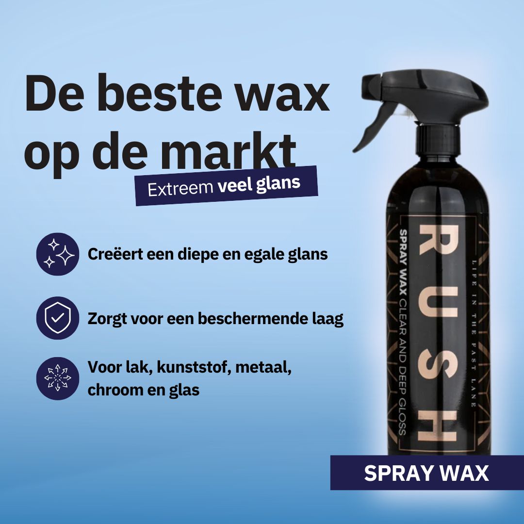 Een zwarte spuitflacon met de tekst RUSH Spray Wax belooft een showroomafwerking en glans voor verschillende oppervlakken.