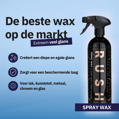 Een zwarte spuitflacon met de tekst RUSH Spray Wax belooft een showroomafwerking en glans voor verschillende oppervlakken.