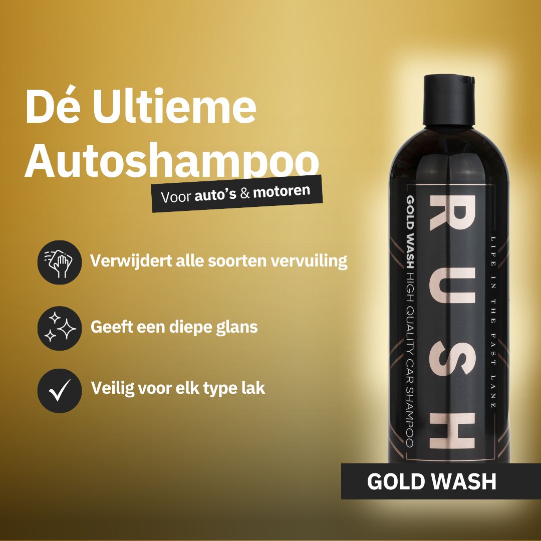 Een fles RUSH Gold Wash autoshampoo, onderdeel van het Showroom Finish Pakket, met Nederlandse kenmerken op een gele achtergrond.