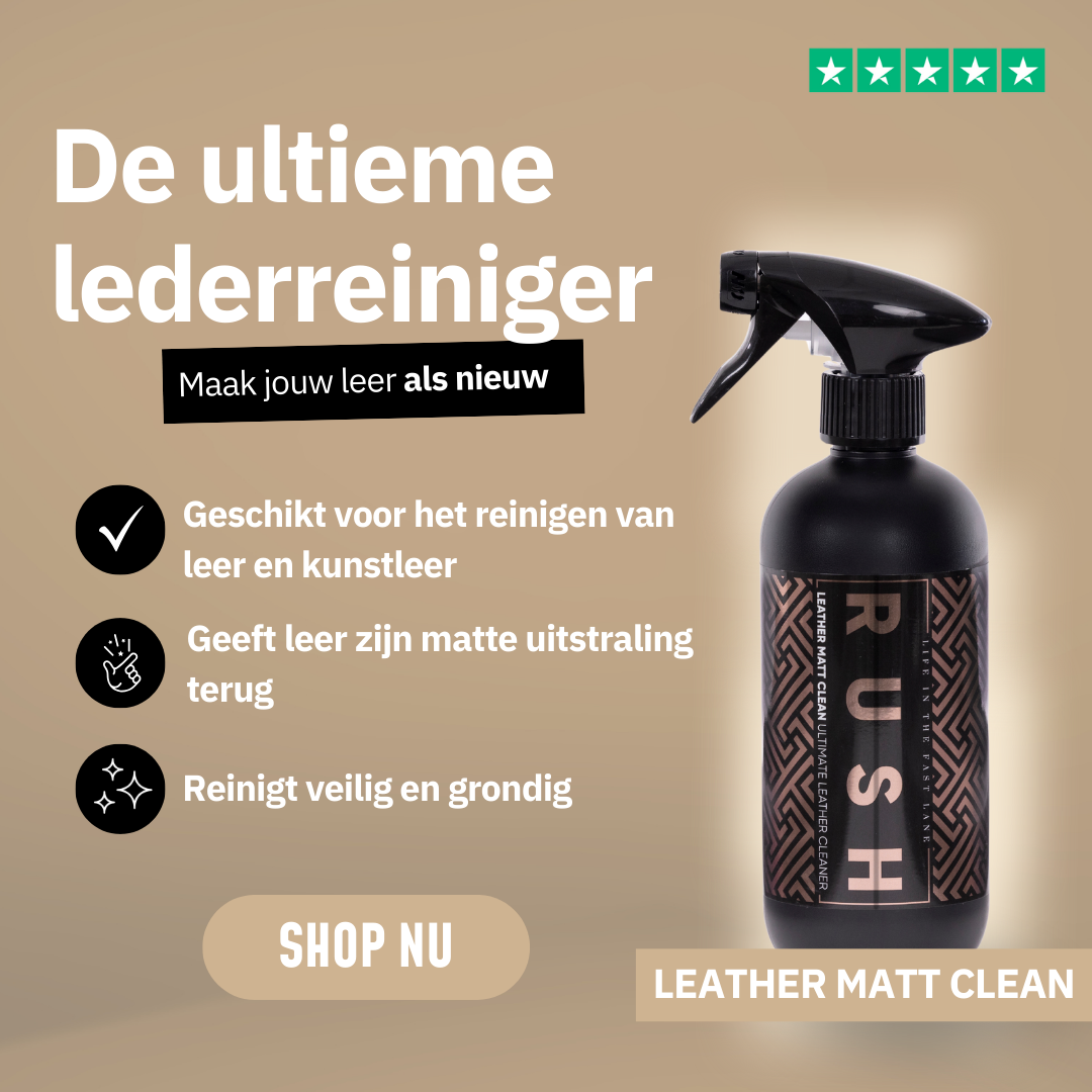 A spray bottle of Leather Matt Clean is shown on a beige background. Text highlights its safe, matte-finish cleaning for leather, including car upholstery. A "Shop Nu" button appears at the bottom.