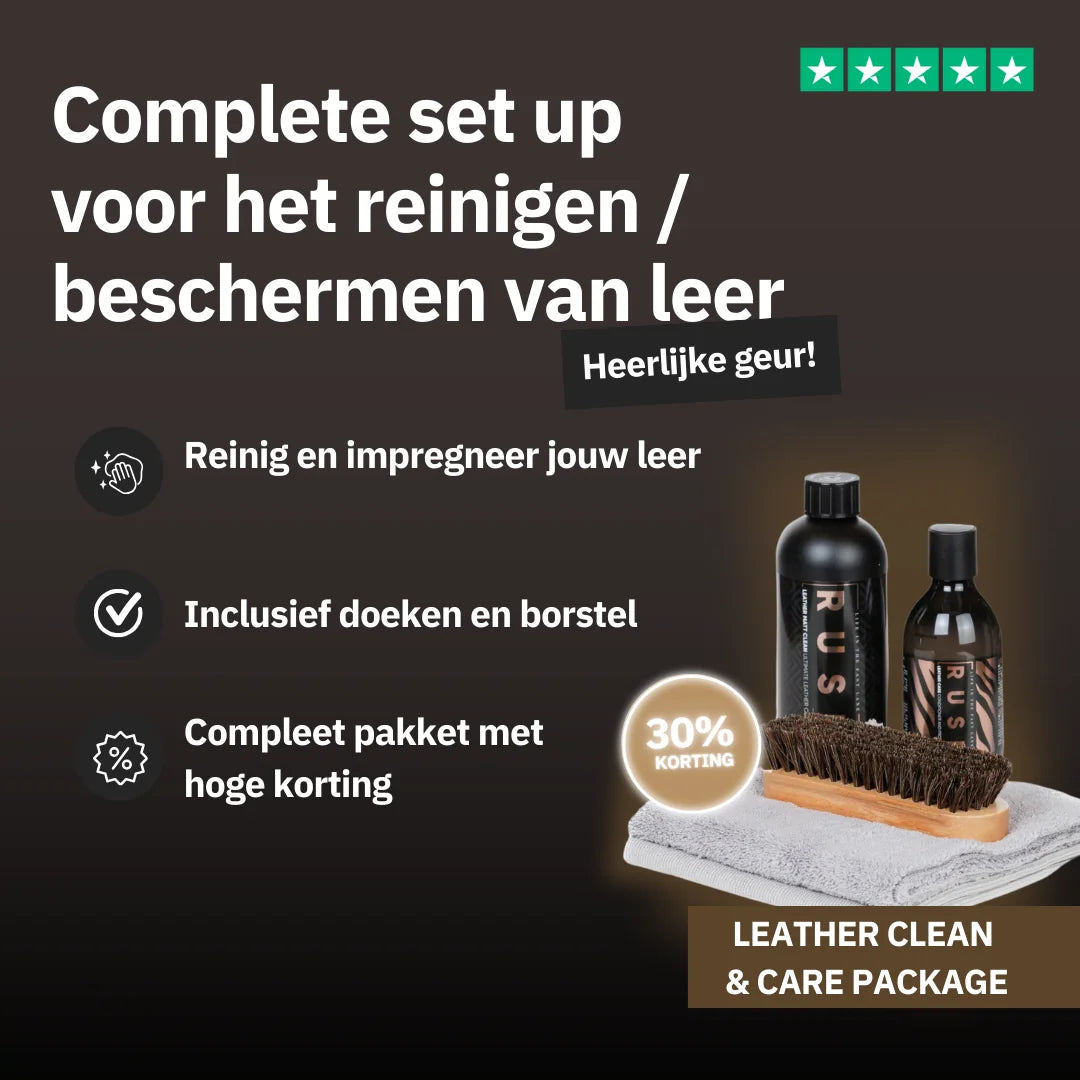 A promo image for the Leather Clean & Care Package features two bottles, a brush, cloths, and Dutch text about cleaning leather car upholstery (lederen autobekleding) with a 30% discount highlighted.