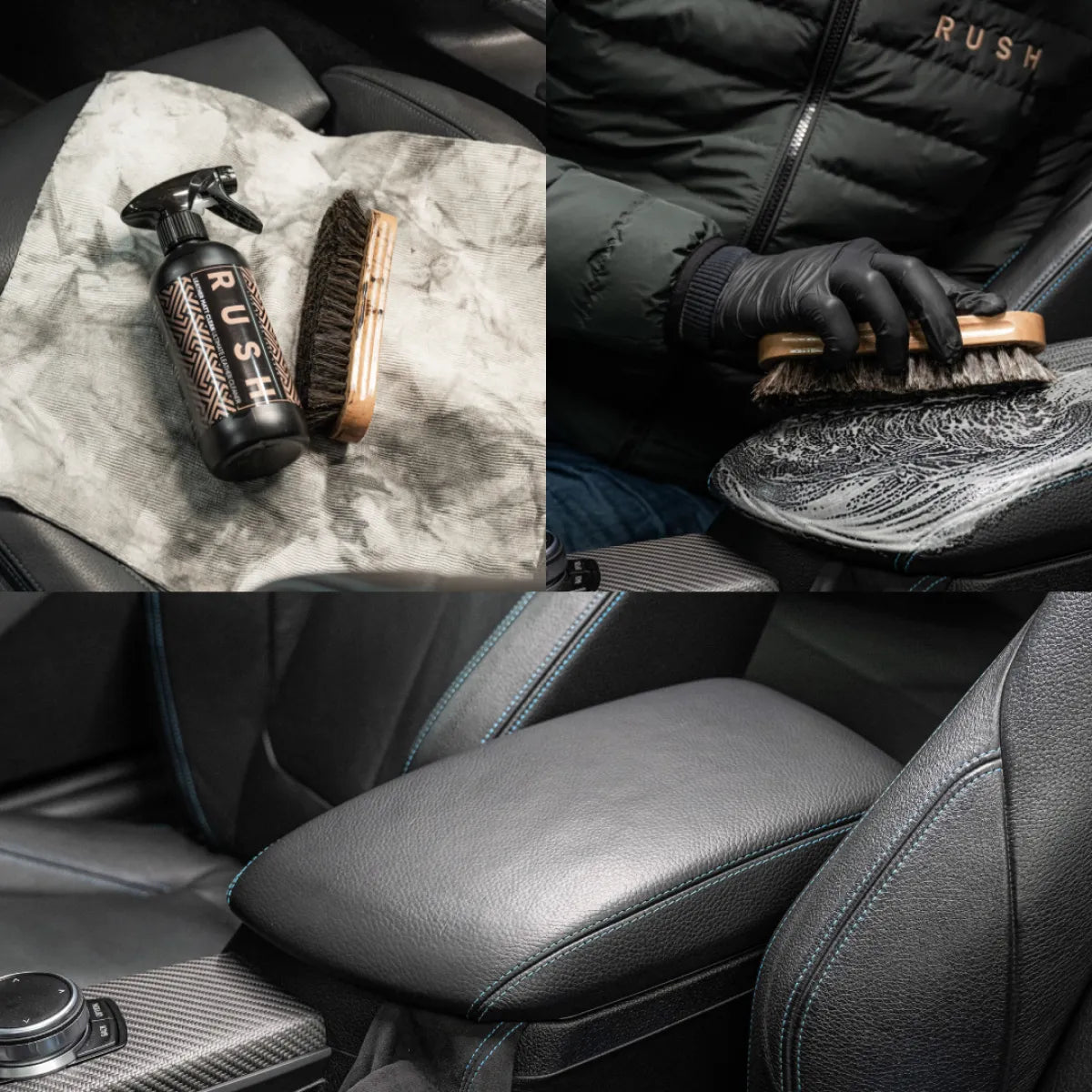 A collage showing Leather Matt Clean: the spray and brush on a towel, someone scrubbing a leather seat with foam, and a close-up of a clean black leather armrest with a matte finish.