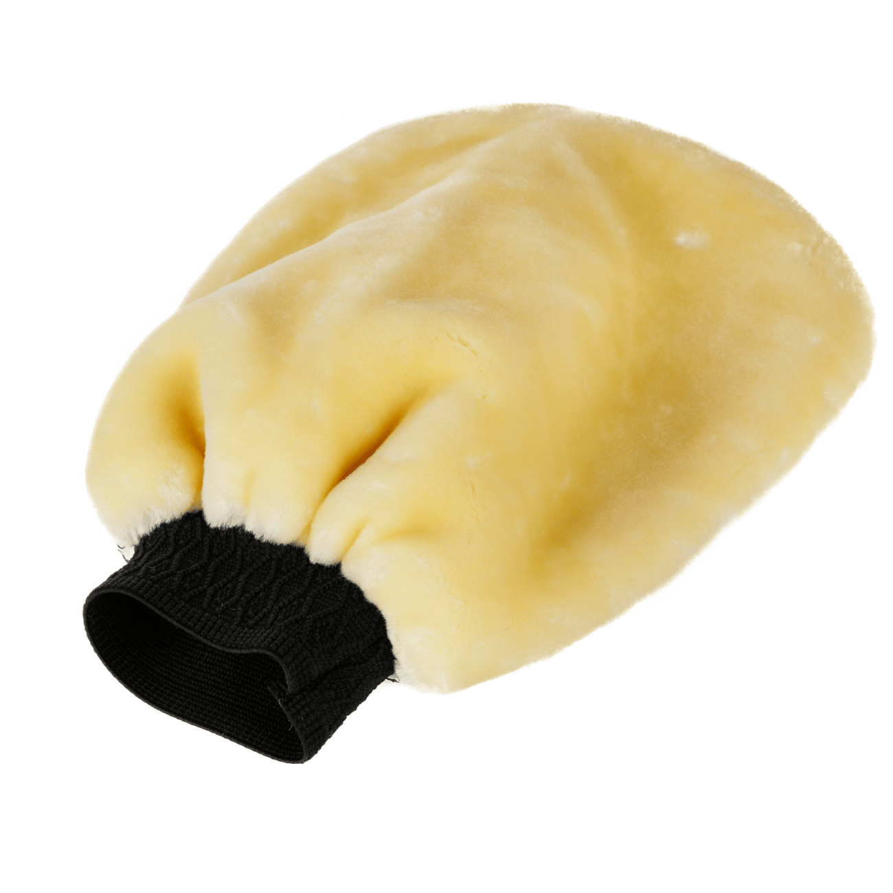 Een gele wolhandschoen met een zwarte elastische manchet, perfect om insectenresten te verwijderen, afgebeeld tegen een effen witte achtergrond.