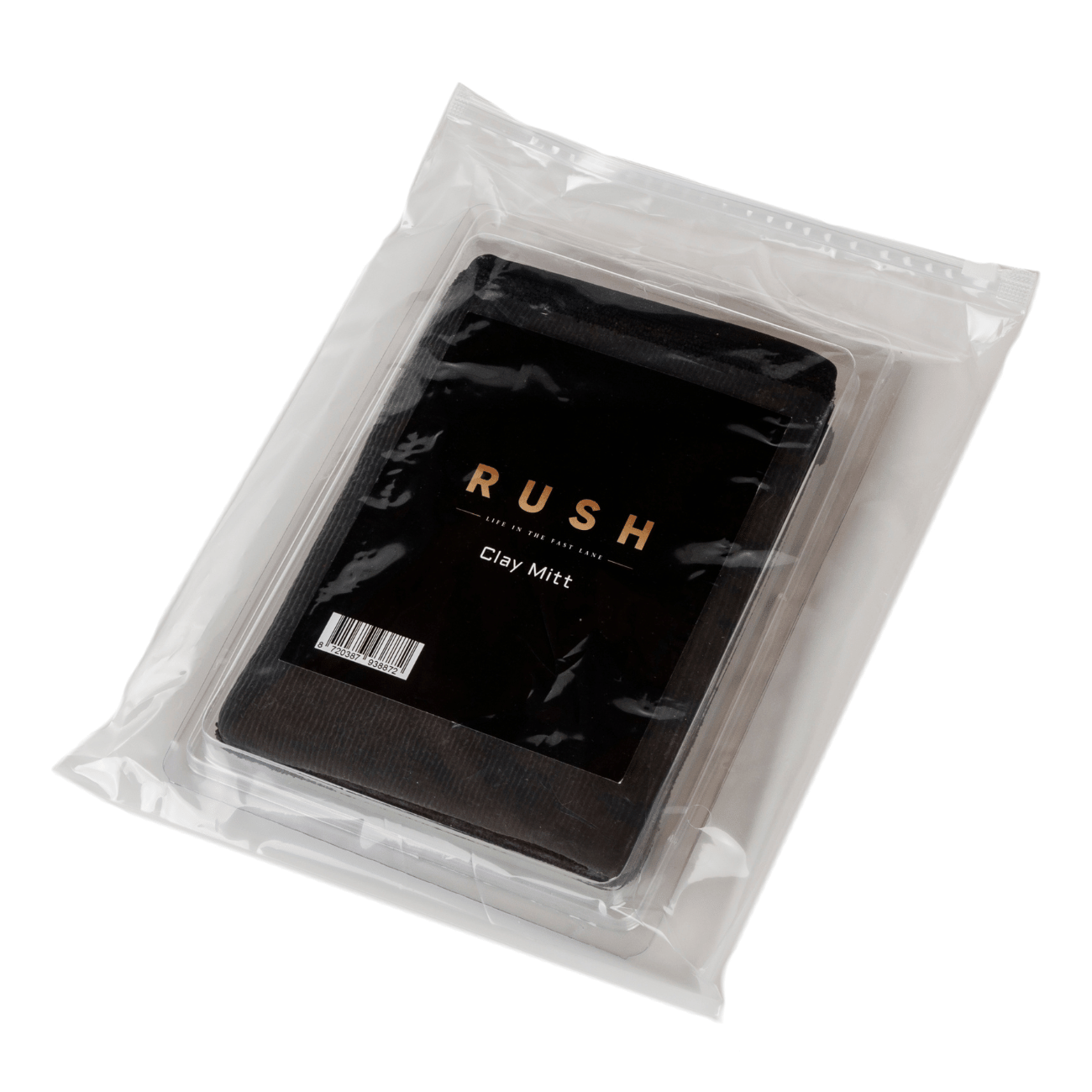 A black Clay Mitt for cars, packaged in a clear, resealable bag with gold and white label text and a visible barcode—ideal for lak reinigen.