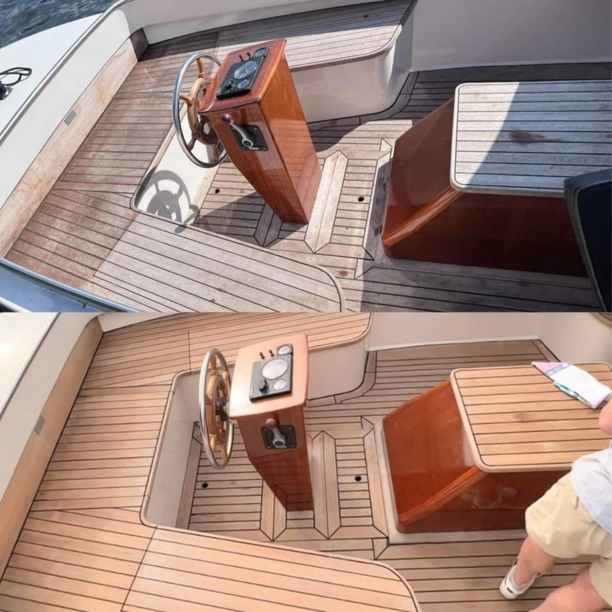 Twee fotos tonen het met teakreiniger behandelde dek en de bedieningsconsole van de boot, met een accent op de gerestaureerde teakhoutkleur en zithoek.