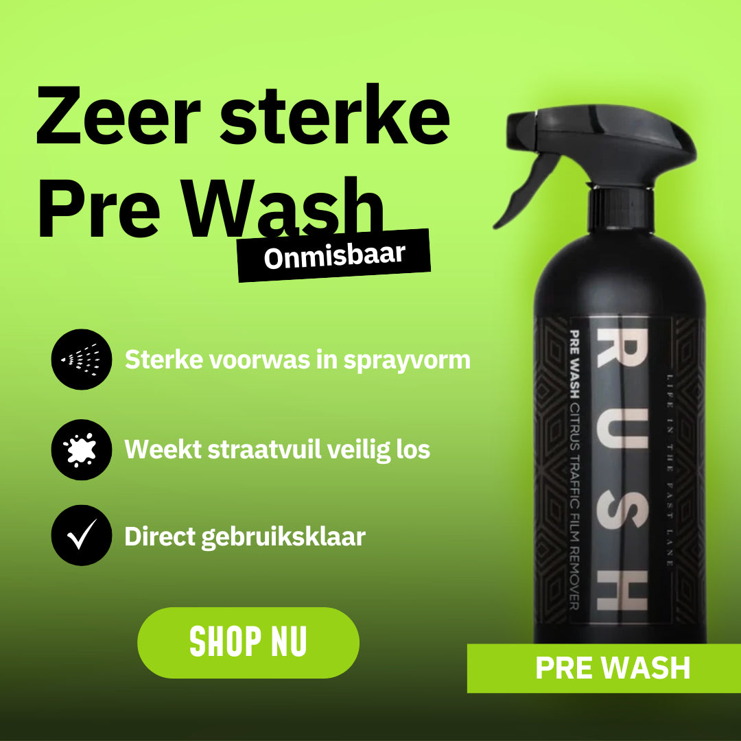 A black spray bottle labeled Pre Wash is shown on a green gradient background. Dutch text highlights its strength as an alkalische reiniger, easy use for pre wash auto, and readiness, with a Shop Nu button at the bottom.