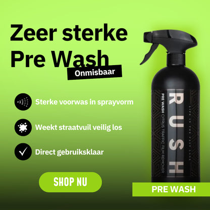 A black spray bottle labeled Pre Wash is shown on a green gradient background. Dutch text highlights its strength as an alkalische reiniger, easy use for pre wash auto, and readiness, with a Shop Nu button at the bottom.