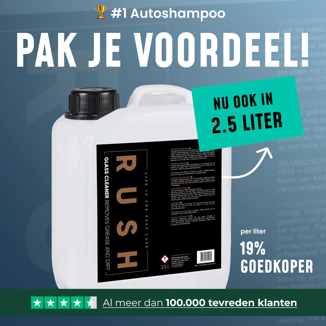 Een 2,5-liter verpakking RUSH glasreiniger wordt getoond met Nederlandse tekst waarin een 19 lagere prijs per liter en meer dan 100.000 tevreden klanten worden aangeprezen.