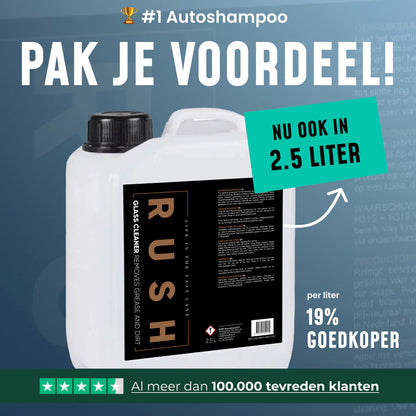 Een 2,5-liter verpakking RUSH glasreiniger wordt getoond met Nederlandse tekst waarin een 19 lagere prijs per liter en meer dan 100.000 tevreden klanten worden aangeprezen.
