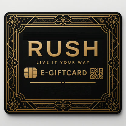 Een zwart met gouden RUSH e-cadeaukaart met een chip, QR-code en de tekst Live it your way op de voorkant.