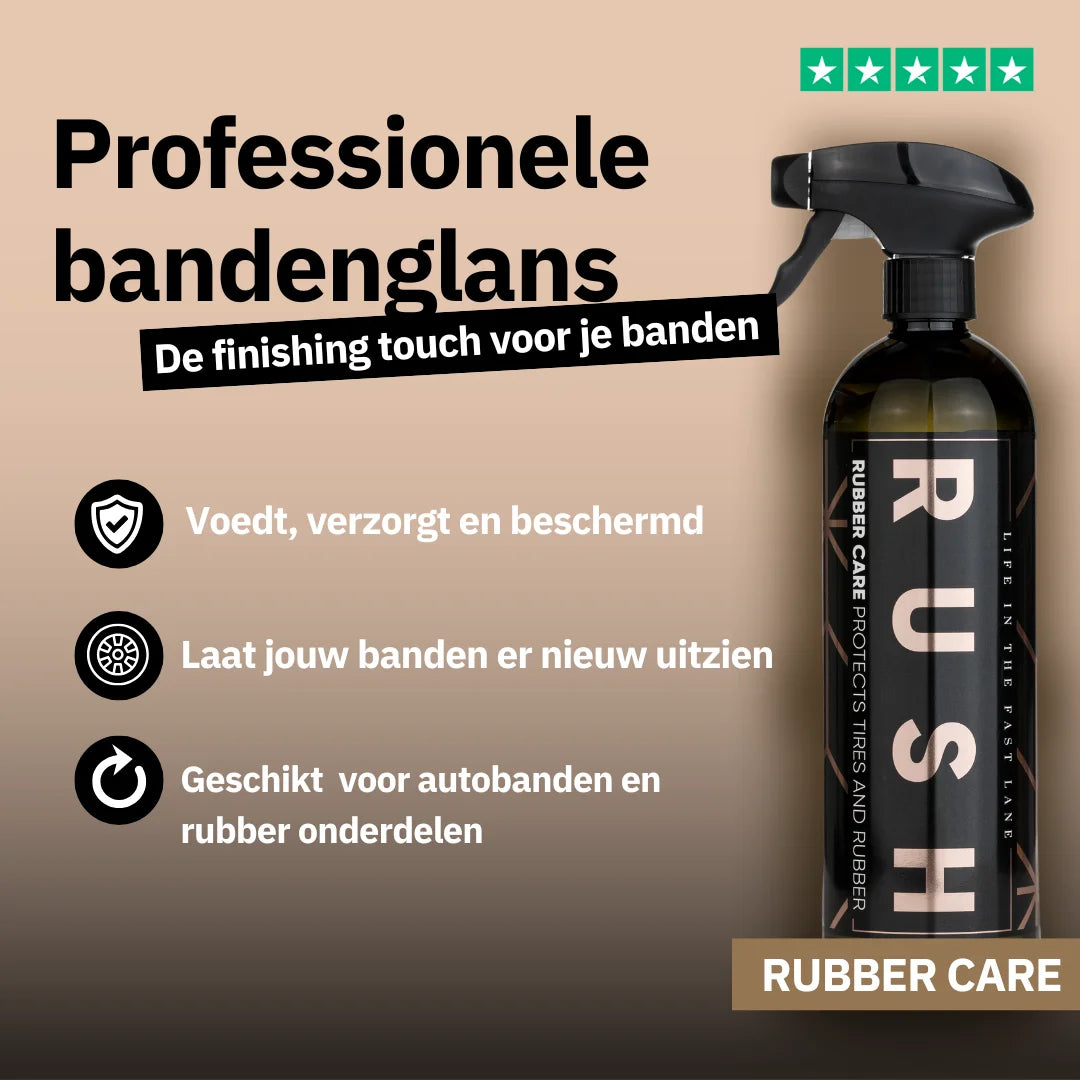 Een fles RUSH Rubber Care spray voor rubber verzorging met Nederlandse tekst, ideaal voor bandenglans en het beschermen van autobanden op een beige achtergrond.
