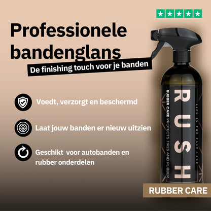 Een fles RUSH Rubber Care spray voor rubber verzorging met Nederlandse tekst, ideaal voor bandenglans en het beschermen van autobanden op een beige achtergrond.