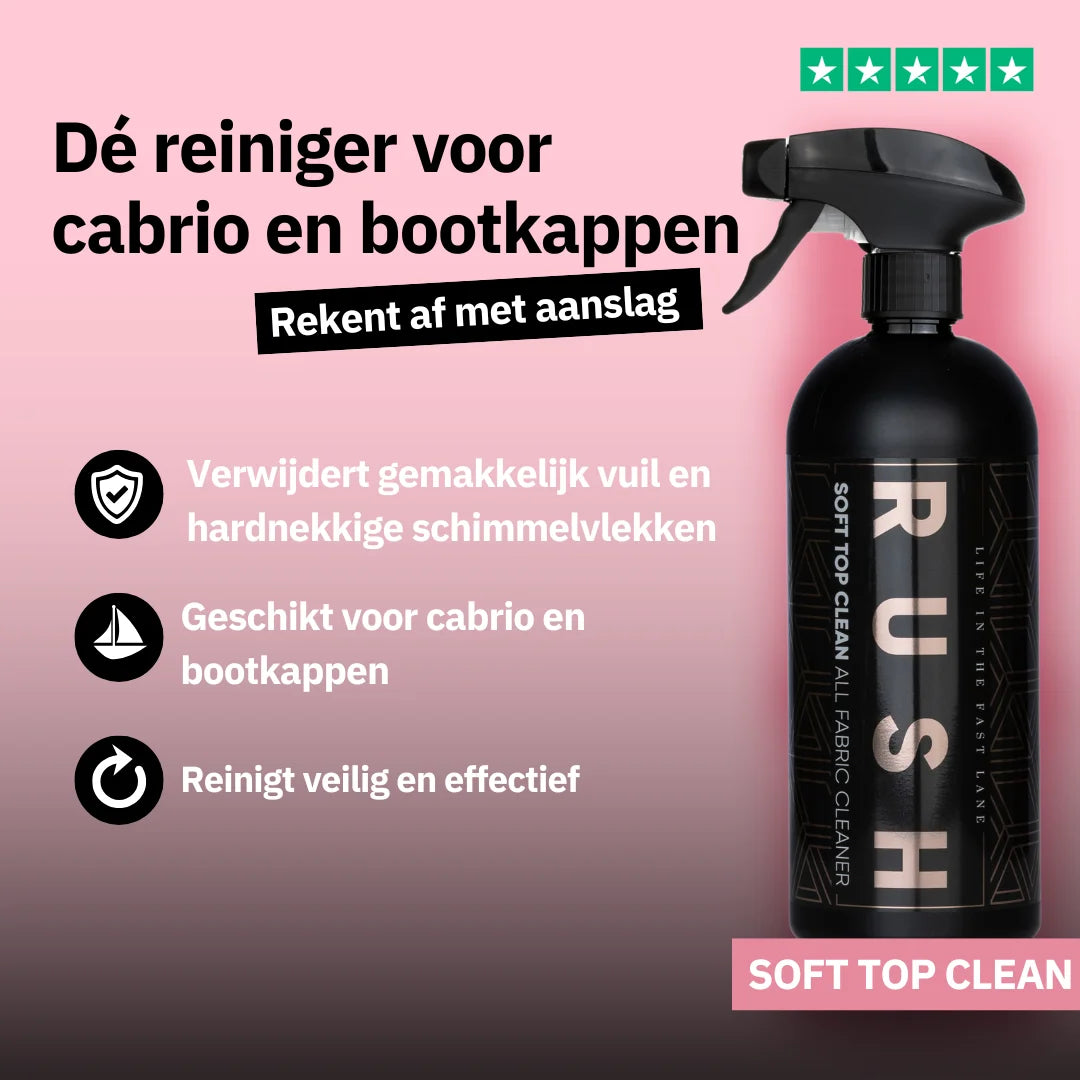 A black spray bottle labeled Soft Top Clean appears on a pink and black background with Dutch text promoting its use for cleaning convertible roofs and boat covers, ideal for removing green deposits and tackling stubborn stains safely.