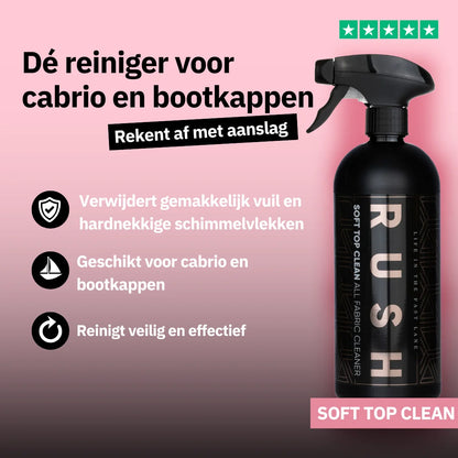 A black spray bottle labeled Soft Top Clean appears on a pink and black background with Dutch text promoting its use for cleaning convertible roofs and boat covers, ideal for removing green deposits and tackling stubborn stains safely.