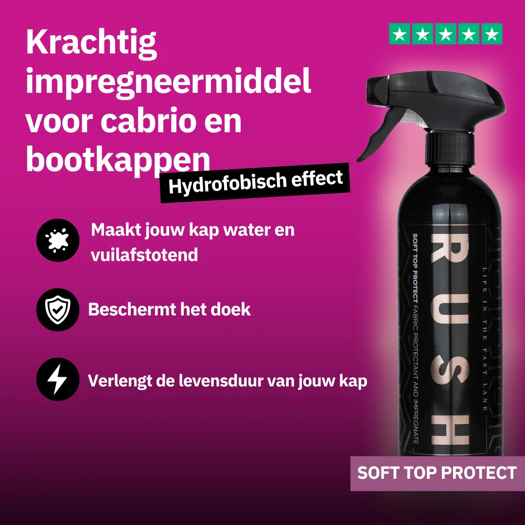 Spuitfles Soft Top Protect, een cabriokap reinigen en impregneermiddel voor het waterdicht maken en beschermen van cabrio- en bootkappen.