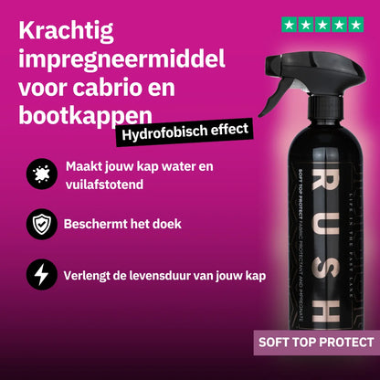 Spuitfles Soft Top Protect, een cabriokap reinigen en impregneermiddel voor het waterdicht maken en beschermen van cabrio- en bootkappen.