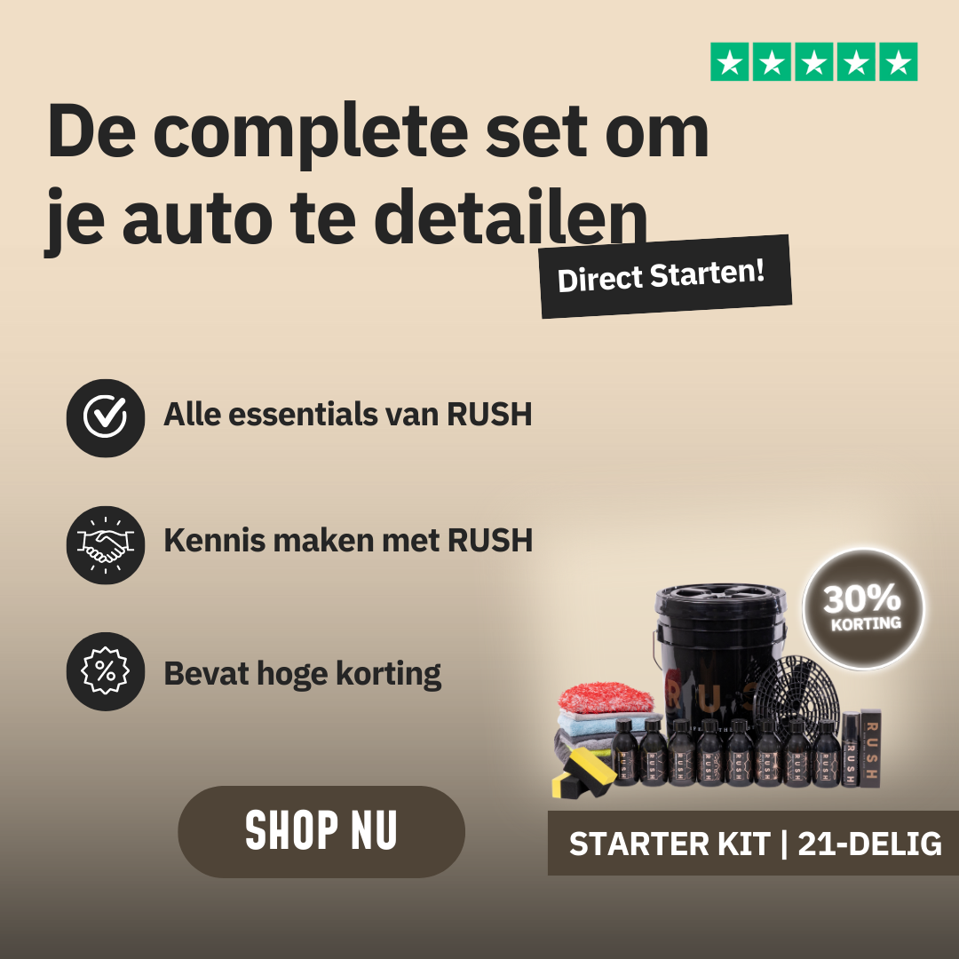 A Dutch ad for the Starter Kit | 21-delig features icons, product photos, and text about autowassen essentials, a 30% korting badge, discounts, and a Shop nu button highlighting this complete 21-piece set.