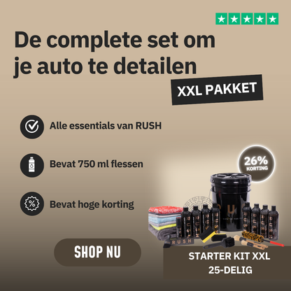 Promotieafbeelding voor de Starter Kit XXL | 25-delig, met autopoetsproducten zoals 750ml flessen, emmer, doeken en borstels. Tekst benadrukt essentials, grote kortingen en een “Shop Nu” knop.