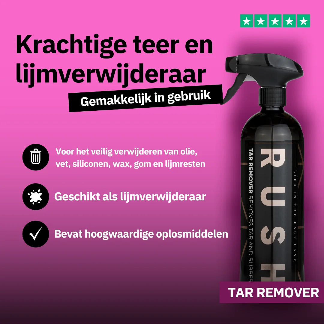 Een zwarte spuitfles met teerverwijderaar tegen een paarse achtergrond met Nederlandse tekst voor teer verwijderen en lijmverwijderaar.